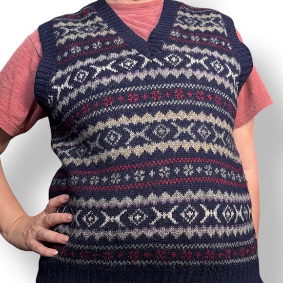 Vintage Par Four Sportswear Fair Isle Sweater Vest Navy Red Wool Blend Large - Picture 2 of 9